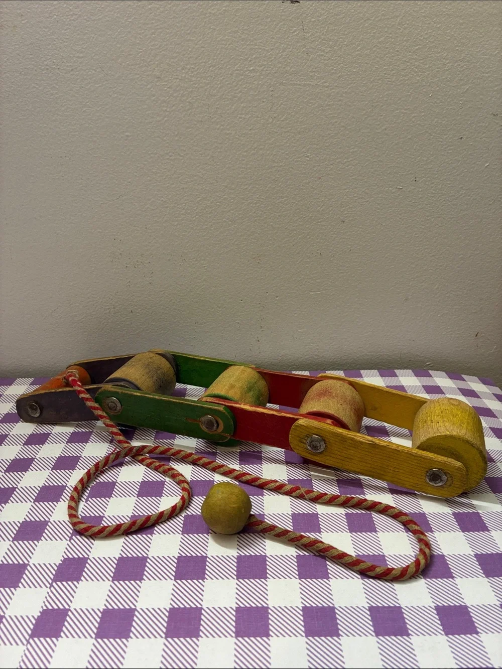 Vintage Playskool Wooden Ring Stacker & Pull-Along Cart - Grasshopper